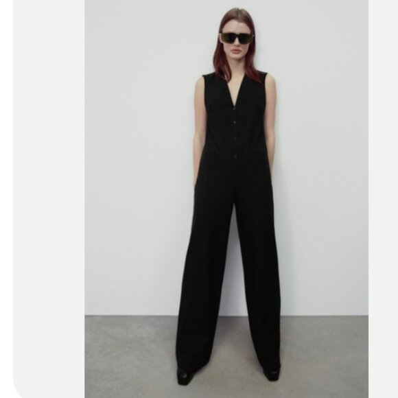 NWT ZARA WOMEN'S LONG V-NECK JUMPSUIT SLEEVELESS BLACK Pinstripe - Picture 2 of 8